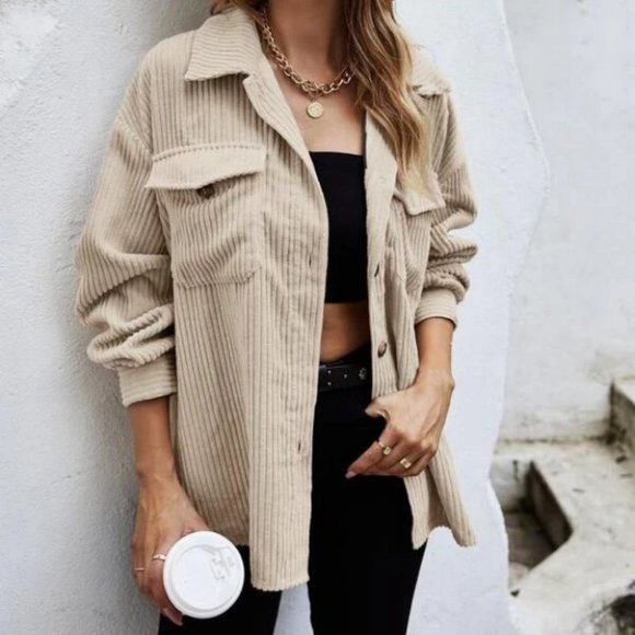 MODA ME COUTURE Tops - Casual Trendy Corduroy Flap Pocket Button down shirt Shacket jacket Coat beige